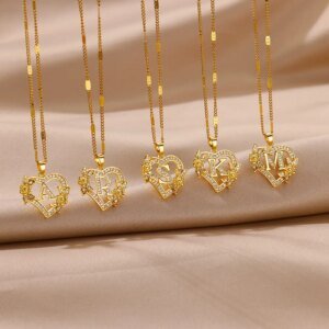 Zircon Flower Heart Initial Necklace - Image 3
