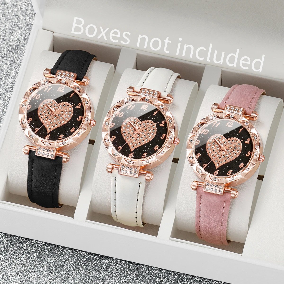 3PCS Women’s Fashion Rhinestone Heart Dial Quartz Watch Set 3PCS Women’s Fashion Rhinestone Heart Dial Quartz Watch Set